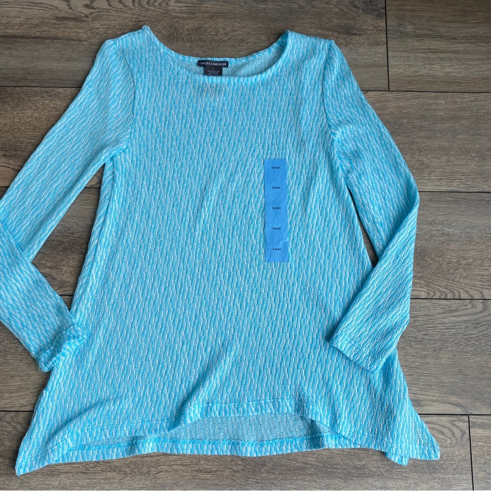NEW Chelsea and Theodore Blue White Lightweight Textured Tunic Sweater sz large